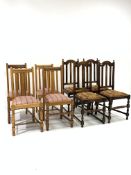 Set four early 20th century medium oak dining chairs, shaped cresting rail,