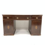 George III mahogany twin pedestal break bow front sideboard, checker plate inlaid top,