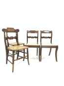Pair Regency dining chairs, shaped cresting rail above acanthus carved and brass inlaid back,