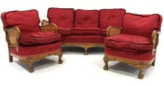 Early 20th century walnut framed bergere lounge suite, comprising of three seat settee,