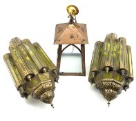Pair of pierced brass Turkish hanging lanterns with coloured glass panels H53cm and a copper hall