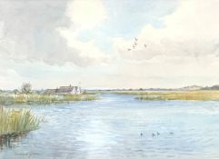 Roland Green (British 1896-1972) Fenland landscape with birds in flight, watercolour,