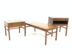 Pair of teak side tables, each having drawer, raised on square supports,