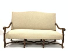 William and Mary style French walnut high back sofa, reeded and acanthus carved scrolled arm rests,