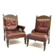 Large Edwardian oak framed arm chair, with back seat and arm rests upholstered in red leather,