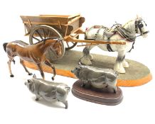 Beswick grey shire mare with harness and wooden cart on a wooden base No.