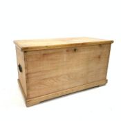 Victorian pine blanket box, fitted with hinged lid, carry handle to each end and skirted base,