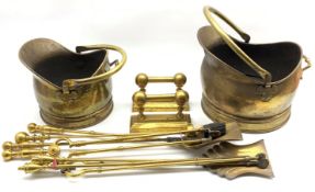Two brass coal buckets and two brass companion sets Condition Report & Further Details