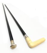 Victorian ebonised evening cane with crook handle and silver collar and another with engraved