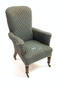 Victorian walnut framed upholstered arm chair, high back, out swept arm rests, overstuffed seat,