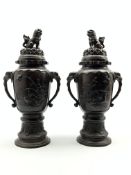 Pair of late 19th Century Japanese bronze two handled vases with pierced covers with panels of