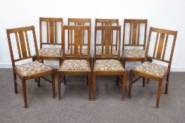 Set eight late 19th century oak dining chairs, shaped moulded cresting rail, carved splat,