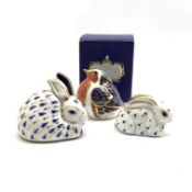 Royal Crown Derby 'Robin' paperweight, boxed 'Rabbit' paperweight, and baby rabbit paperweight,