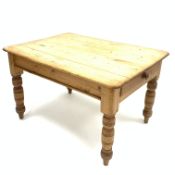 Victorian farmhouse waxed pine kitchen table, rectangular moulded top above drawer to one end,