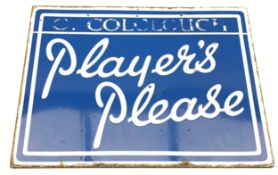 Double sided enamel advertising sign 'Players Please' with white lettering on a blue background