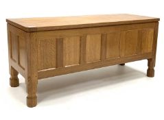 'Mouseman' Yorkshire oak panelled blanket chest, with adzed rectangular hinged top,