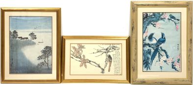 Oriental coloured print of a Woodpecker on a branch 32cm x 53cm and two others Condition