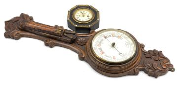 Late Victorian scroll carved oak aneroid barometer and thermometer H87cm together with an octagonal