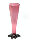 Gillies Jones Rosedale pink glass vase of tapering design on a flattened leaf foot H33cm signed and