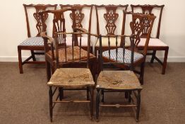 Set five 19th century oak ribbon back side chairs, pierced splat, drop in seat,