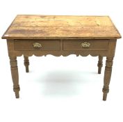 19th century painted pine side table, stripped rectangular top above two frieze drawers,