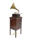 Reproduction of an early 20th century mahogany cased 'HMV' tabletop horn gramophone,