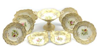 Victorian Coalport dessert service individually painted with floral sprays within a cream and gilt