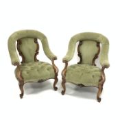 Pair Victorian rosewood framed upholstered armchair,