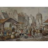 Continental School -Busy Town Square scene, watercolour,