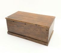 Victorian stained pine blanket box, hinged lid enclosing tray and draw, skirted base, 104cm x 56cm,