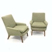 Pair mid 20th century teak framed G-Plan style upholstered easy arm chair, covered in green Hessian,