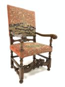 19th century walnut Jacobean style armchair, with needlework upholstered back and seat panel,