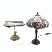 Bankers desk lamp on a brass base and a metal table lamp with Tiffany style shade H43cm