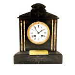 Victorian slate architectural mantel clock, with incised decoration, marble detail, enamel dial,