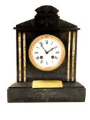 Victorian slate architectural mantel clock, with incised decoration, marble detail, enamel dial,