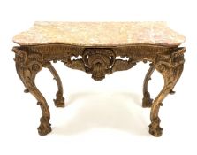 20th century French Louis XV style giltwood console table, with red marble serpentine top,