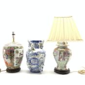 Two modern Oriental vase column table lamps and a blue and white vase H33cm Condition