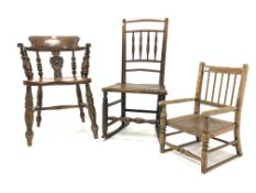 19th century elm and beech smokers bow armchair, shaped back, turned spindles and splat,