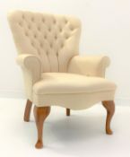 Georgian style beech framed button back arm chair, upholstered in cream patterned silk,