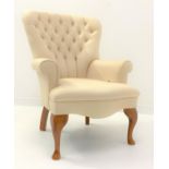 Georgian style beech framed button back arm chair, upholstered in cream patterned silk,