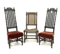 Pair of James II ebonised side chair, carved cresting rails, rail backs, bobbin turned pilasters,