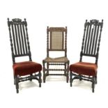 Pair of James II ebonised side chair, carved cresting rails, rail backs, bobbin turned pilasters,