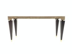 Marble top console table, raised on walnut square tapered supports terminating in brass cups,