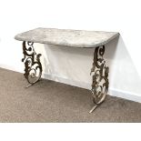 Regency design console table, dent marble top, wrought metal stand with scrolls,