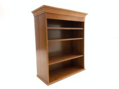20th century yew wood open book case, with projecting cornice and three adjustable shelves, W92cm,