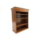 20th century yew wood open book case, with projecting cornice and three adjustable shelves, W92cm,