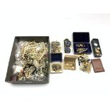 Costume jewellery including ladies 9ct gold case wristwatch, necklaces, charms, various brooches,