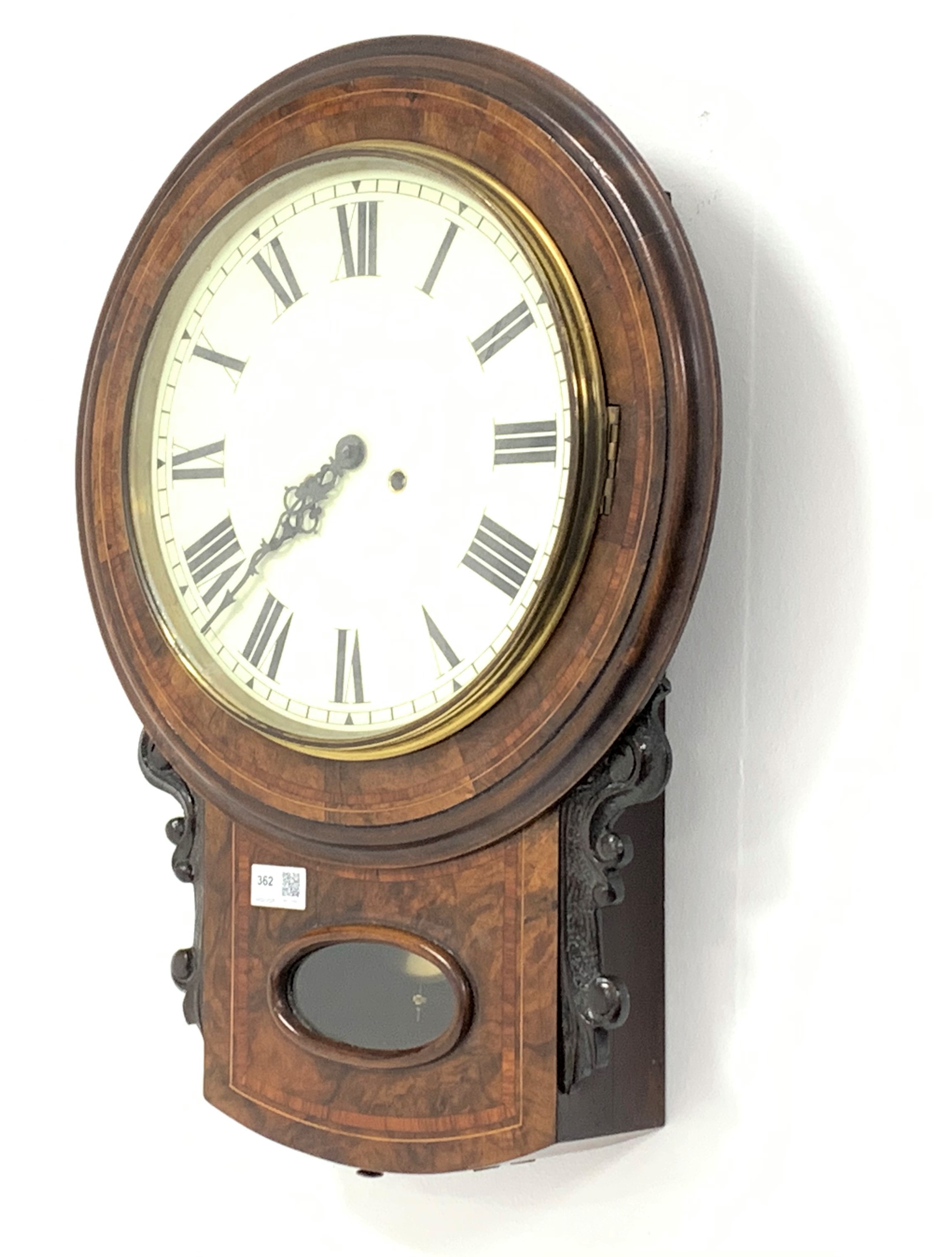 Victorian walnut cased drop dial wall clock, with boxwood stringing and mahogany banding, - Image 2 of 3