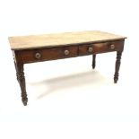 Victorian stained pine side work table, with two drawers, turned supports, 152cm x 78cm,