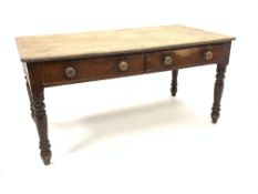 Victorian stained pine side work table, with two drawers, turned supports, 152cm x 78cm,